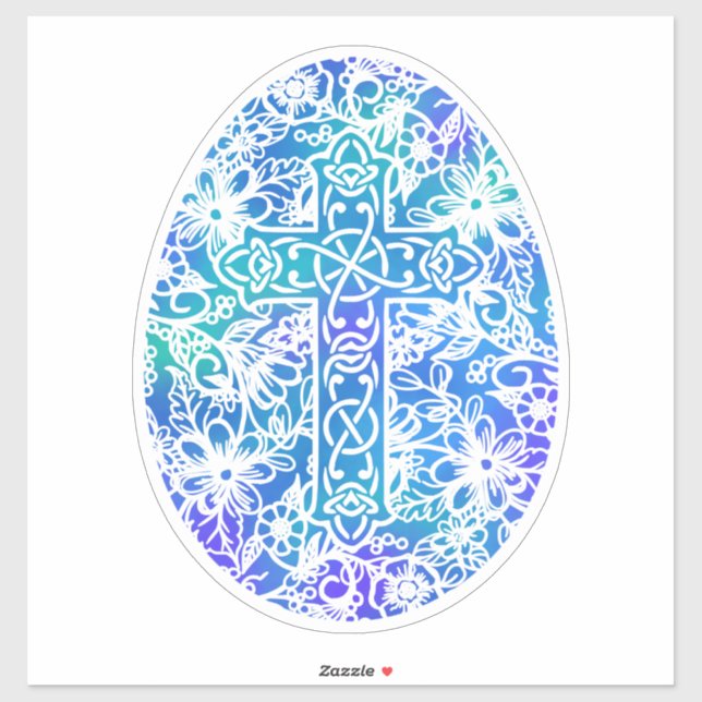 Sticker Oeuf de croix d'aquarelle bleu de Pâques (Feuille)