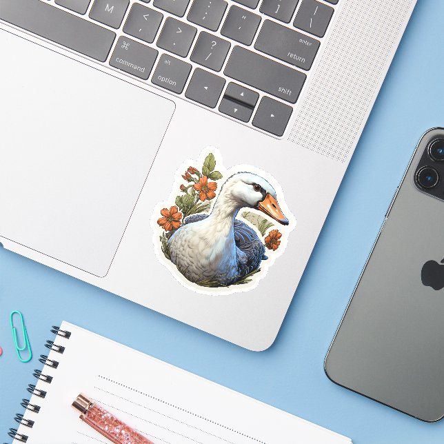 Sticker Oie & Fleurs (Ordinateur portable avec iPhone)