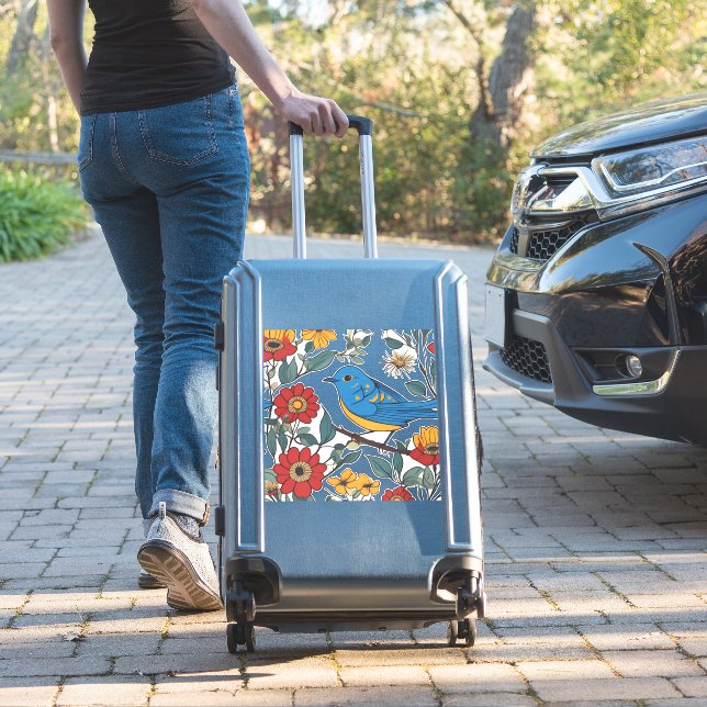 Sticker Oiseau bleu et art folklorique Fleur sauvage (Valise Insitu)