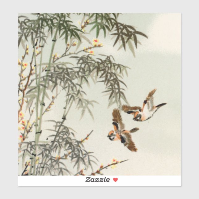 Sticker Oiseaux Bambou Asiatique Japonais Vintage (Feuille)