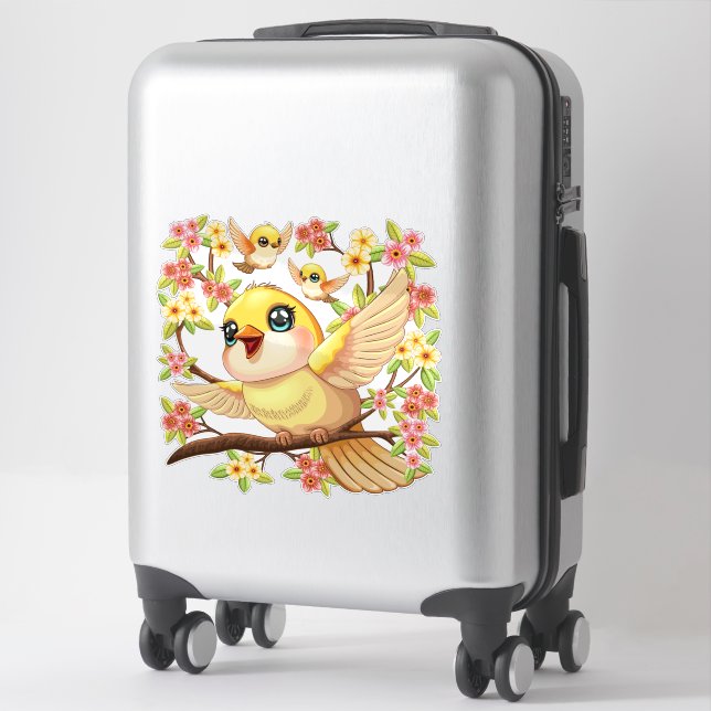 Sticker Oiseaux mignons et heureux parmi les fleurs du pri (Sur valise)