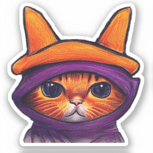 Sticker Orange Chat Purple sorcier Casquette Halloween (Recto)