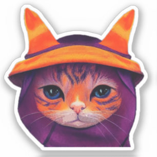 Sticker Orange Chat Violet Sorcière Casquette Imaginaire H
