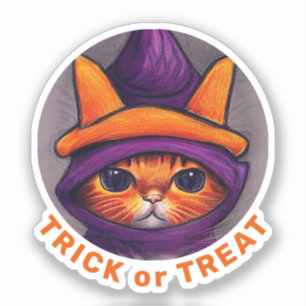 Sticker Orange Chat Violet Sorcière Casquette Treat Hallow