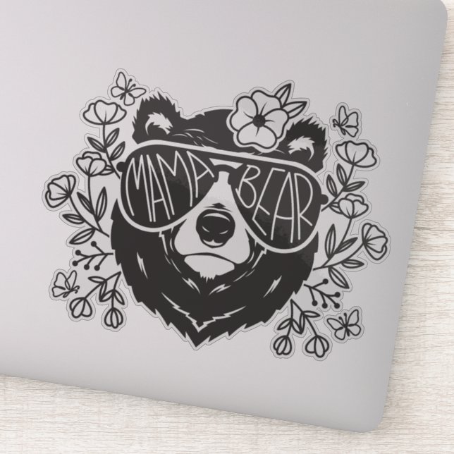 Sticker Ours Mama Entouré De Papillons Et De Fleurs (Détail)