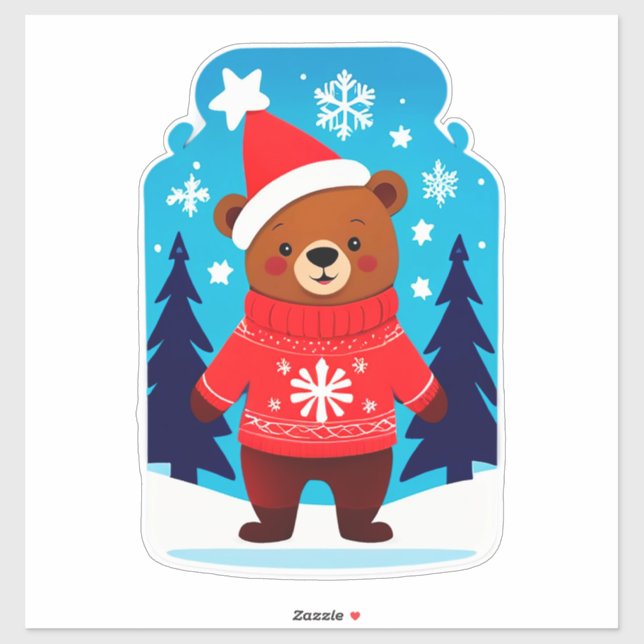 Sticker Ours Mignon En Pull De Noël (Feuille)