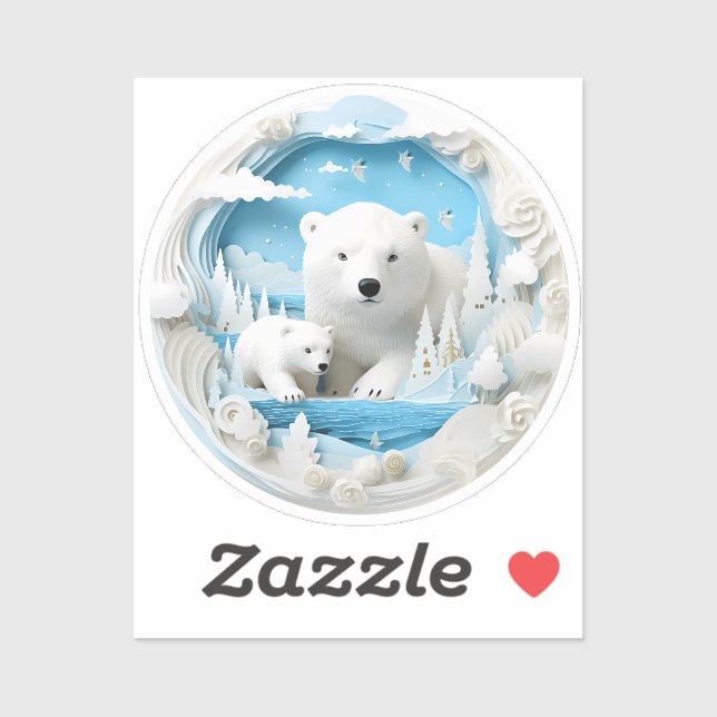 Sticker Ours polaire avec petit Océan Arctique Hiver blanc (Feuille)