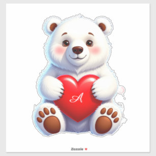 Sticker Ourson polaire blanc adorable tenant un cœur rouge
