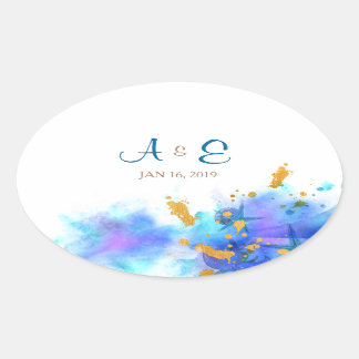 Sticker Oval Mariage couleur bleu Aquarelle
