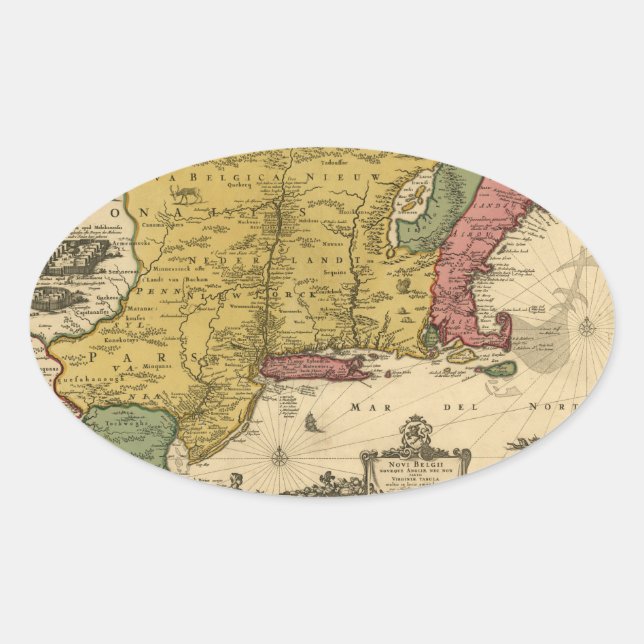 Sticker Ovale 1685 Map - New Belgium, The New World, New England (Devant)