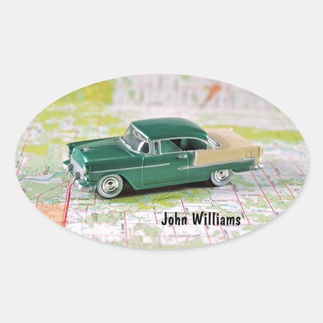 Sticker Ovale 1955 : Une voiture sur une carte routière (Devant)