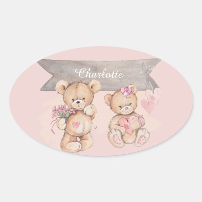 Sticker Ovale Adorable aquarelle Teddy Bear Baby shower Carré (Devant)