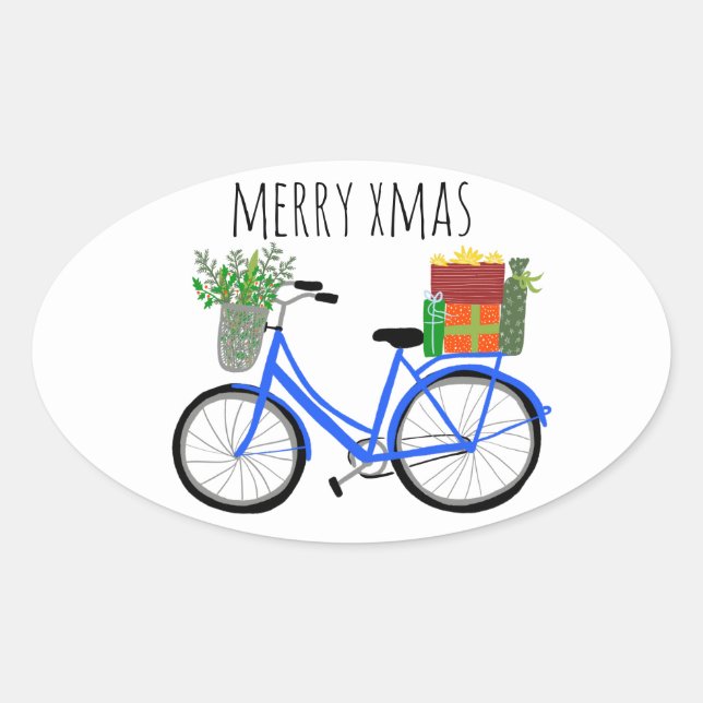 Sticker Ovale Adorable Vélos de Noël Vacances Noël (Devant)
