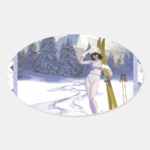 Sticker Ovale Affiche de voyage Vintage, Ski Italie