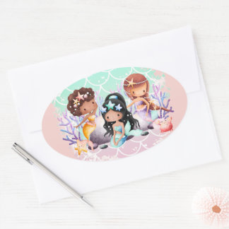 Sticker Ovale Amis sirènes turquoise rose sous l'océan