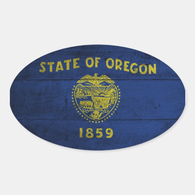 Sticker Ovale Ancien Drapeau Oregon En Bois ; (Devant)