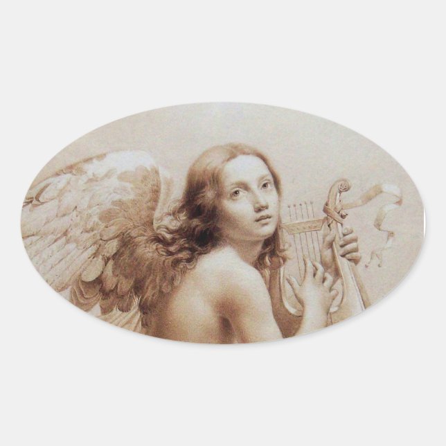 STICKER OVALE ANGE JOUER LYRA SUR LES NUAGES (Devant)