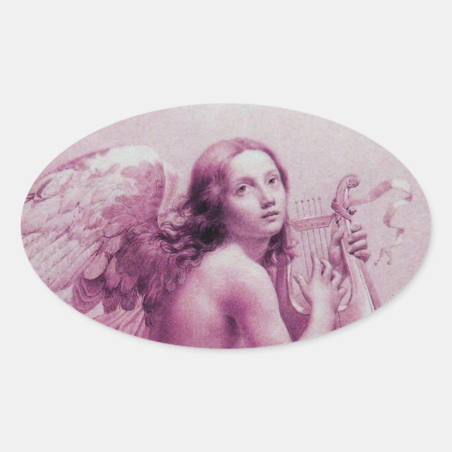 STICKER OVALE ANGE JOUER LYRA SUR LES NUAGES (Devant)
