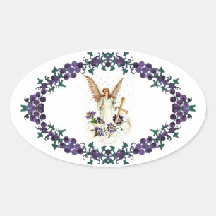 Sticker Ovale Angel Avec Croix Et Fleurs Clematis