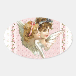 Sticker Ovale Angel sur arrière - plan rose fleuri.