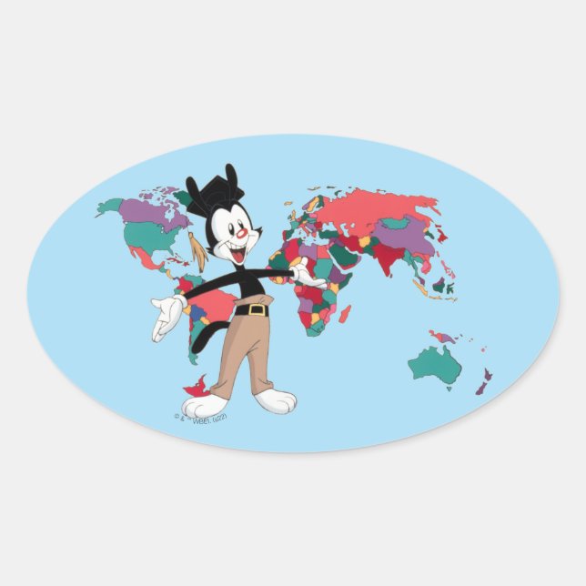 Sticker Ovale Animaniacs | Graphique de la carte du monde de Yak (Devant)