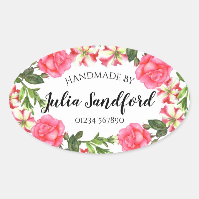 Sticker Ovale Aquarelle Fleurs roses Design de couronne ovale (Devant)