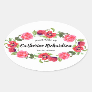 Sticker Ovale Aquarelle Fleurs rouges et roses Wreath Oval Desig
