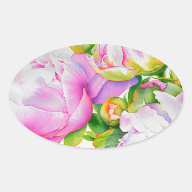 Sticker Ovale Aquarelle florale classique et élégante de pivoine (Devant)