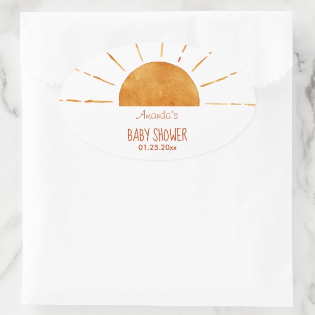 Sticker Ovale Aquarelle Joyeux Baby shower de saumons jaunes (Sac)
