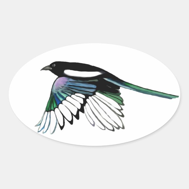 Sticker Ovale Aquarelle Magpie Bird dans Vol Nature Art (Devant)