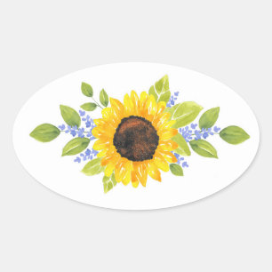 Sticker Ovale Aquarelle peinte à la main Tournesol Swags