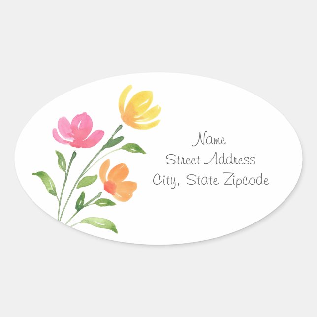 Sticker Ovale Aquarelle rose, jaune, orange, rose tiges florales (Devant)