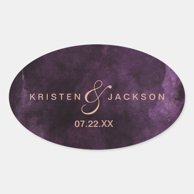 Sticker Ovale Aquarelle violet foncé Rose or Monogramme Mariage (Devant)