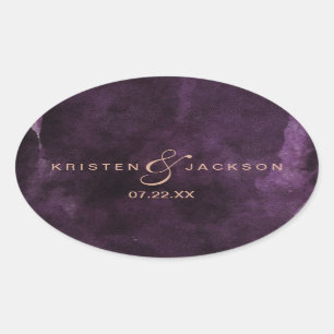 Sticker Ovale Aquarelle violet foncé Rose or Monogramme Mariage