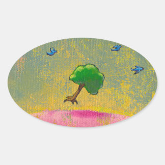 Sticker Ovale Arbre volant avec des oiseaux bleus amusant peintu
