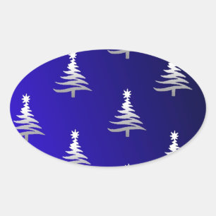 Sticker Ovale Arbres de Noël Argent sur Bleu Cobalt