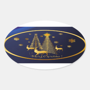 Sticker Ovale Arbres de Noël d'or et renne