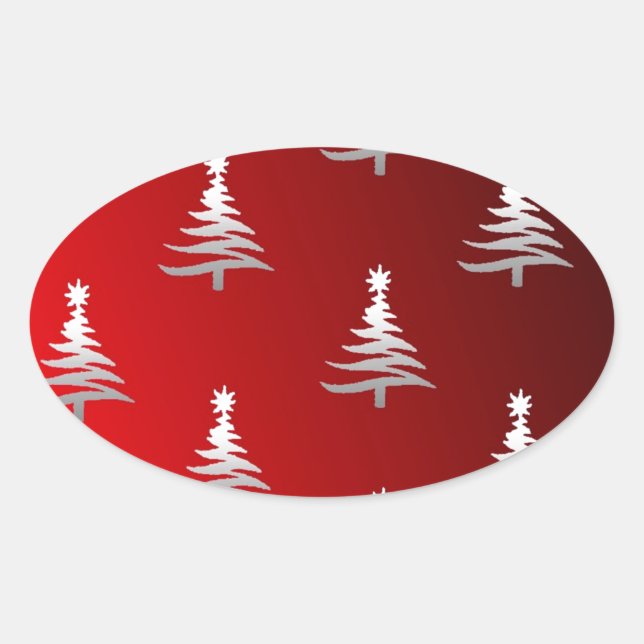 Sticker Ovale Arbres de Noël en argent sur rouge (Devant)