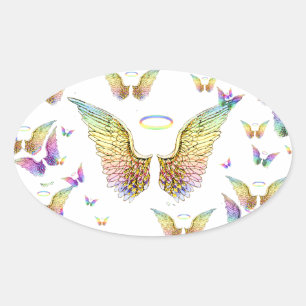 Sticker Ovale Arc-en-ciel Ange ailes et Halos