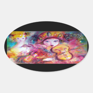 Sticker Ovale ARLECCHINO ET COLOMBINA, Rose Fuchsia Jaune Bleu
