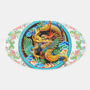Sticker Ovale art cool de fleur de lotus de dragon coloré