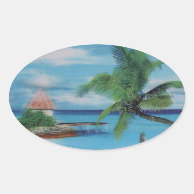 Sticker Ovale Art de la scène de plage tropicale (Devant)