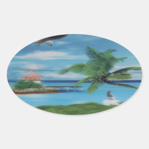 Sticker Ovale Art de la scène de plage tropicale