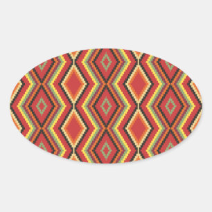 Sticker Ovale Art Ethnique Africain Rouge Vert Orange Jaune