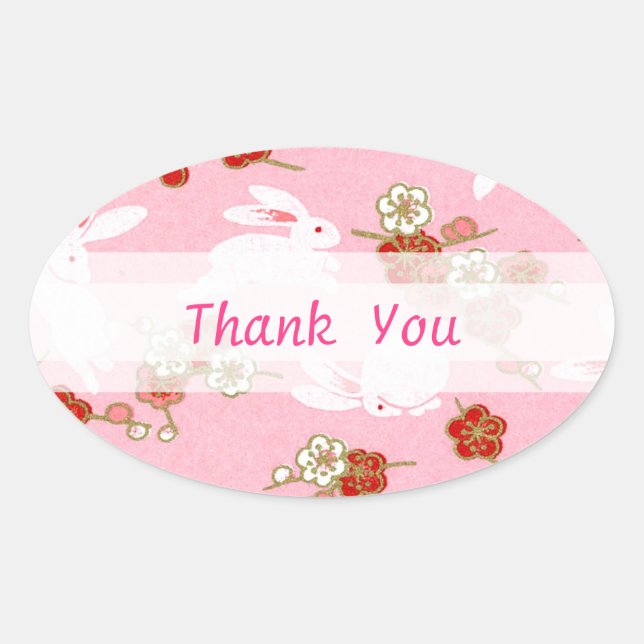 Sticker Ovale Art japonais : Sakuras et lapins roses (Devant)