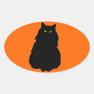 Sticker Ovale Assis noir chat Silhouette sur orange