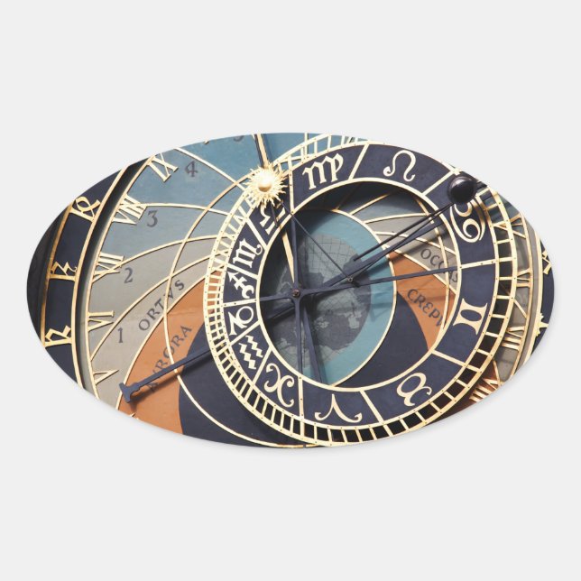 Sticker Ovale Astrologie antique Timepiece Tchèque Horloge. (Devant)