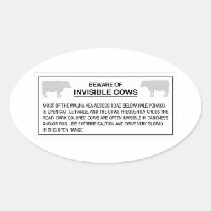 Sticker Ovale Attention aux vaches invisibles, signe, Hawaï, Éta