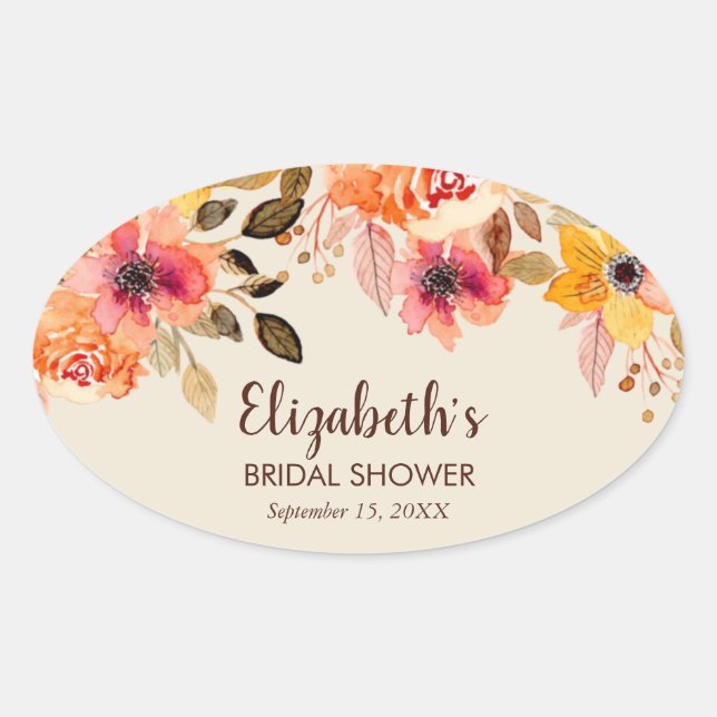 Sticker Ovale Automne Fleurs Aquarelle Shower de Mariage (Devant)