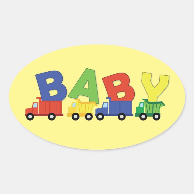 Sticker Ovale Baby shower de camions (Devant)